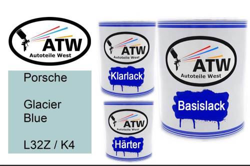 Porsche, Glacier Blue, L32Z / K4: 1L Lackdose + 1L Klarlack + 500ml Härter - Set, von ATW Autoteile West.